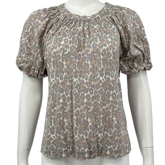 Maeve Anthropologie Top Womens Small Leopard Print 100% Linen Puff Sleeves Gray - Picture 1 of 8
